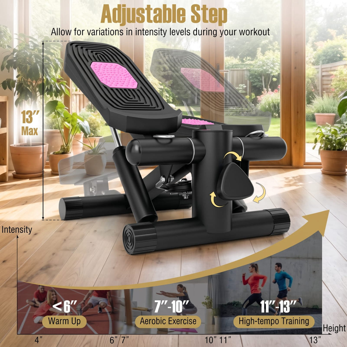 Airfind Mini Stepper Machine with Resistance Bands and Adjustable Height for Home Cardio Leg and Full Body Exercise, Black