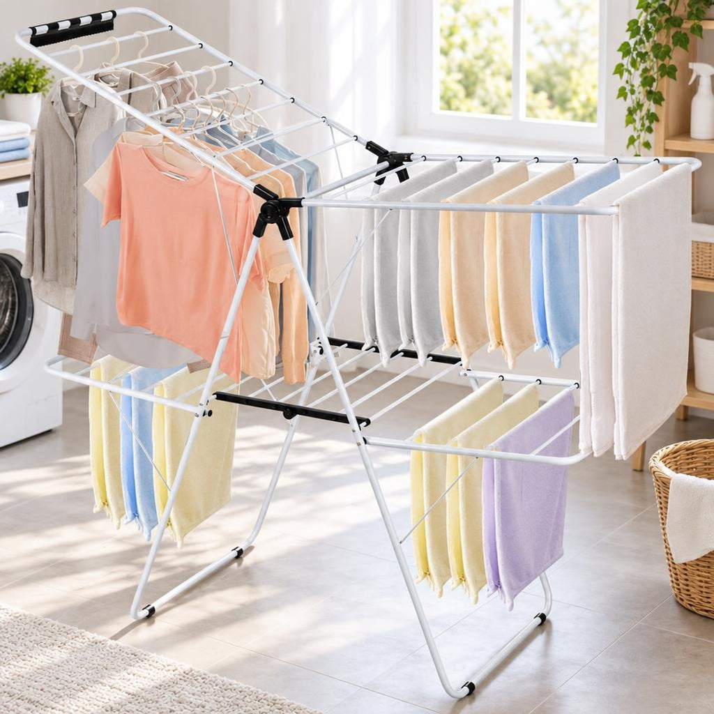 Airfind 2-Tier Foldable Clothes Drying Rack with Adjustable Gullwing, 80 lbs Capacity, Steel Plastic Frame for Everyday Use, White