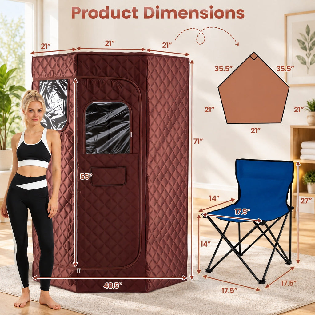 AIRFIND Portable Steam Sauna with 3 L Steamer, 9 Heat Levels, 15-99 Minute Timer, Remote Control, Folding Chair and Floor Mat, Brown