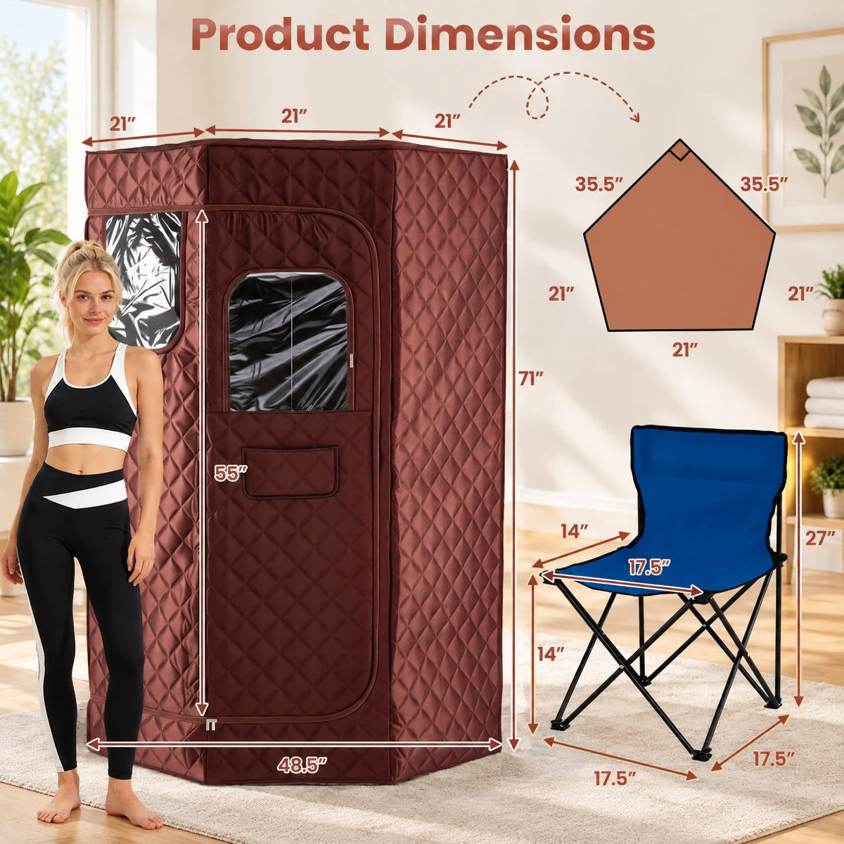 AIRFIND Portable Steam Sauna with 3 L Steamer, 9 Heat Levels, 15-99 Minute Timer, Remote Control, Folding Chair and Floor Mat, Brown
