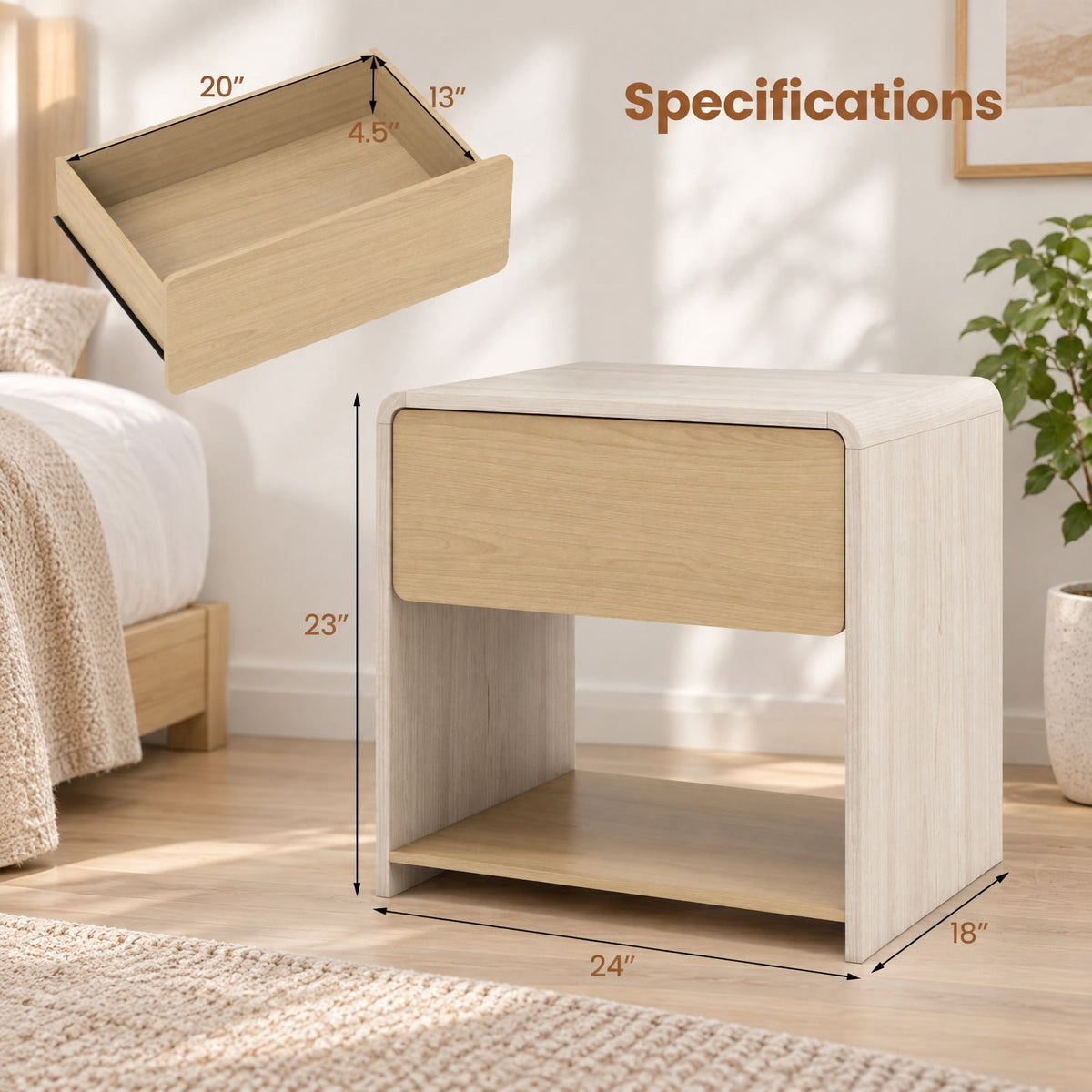 Airfind 2-Tier Modern Style Nightstand with Drawer and Open Shelf, 77 lbs Capacity, Metal Engineered Wood Frame, 24in x 18in x 23in Footprint, Oak
