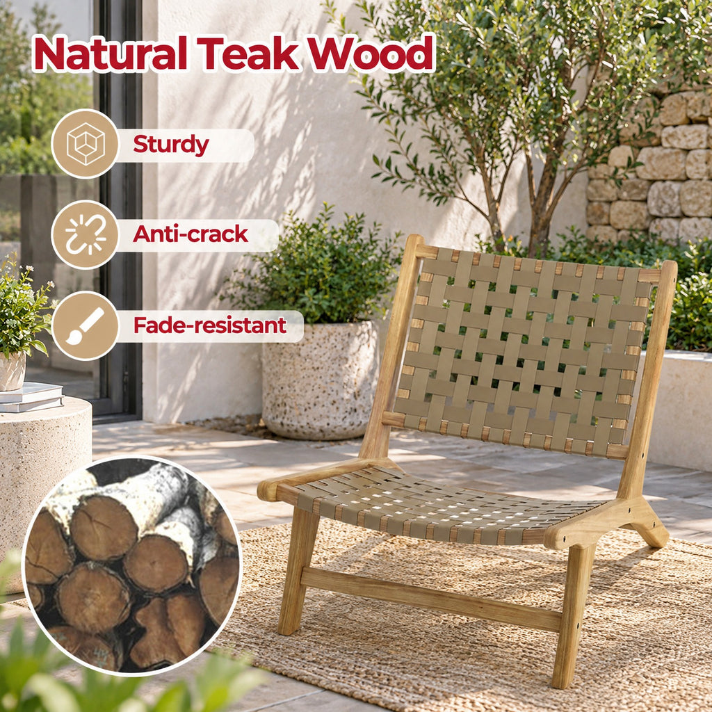Airfind Modern Armless Teak Wood Lounge Chair with Nylon Woven Backrest and Seat, 240 lbs Capacity, Teak Wood Nylon Frame, Brown