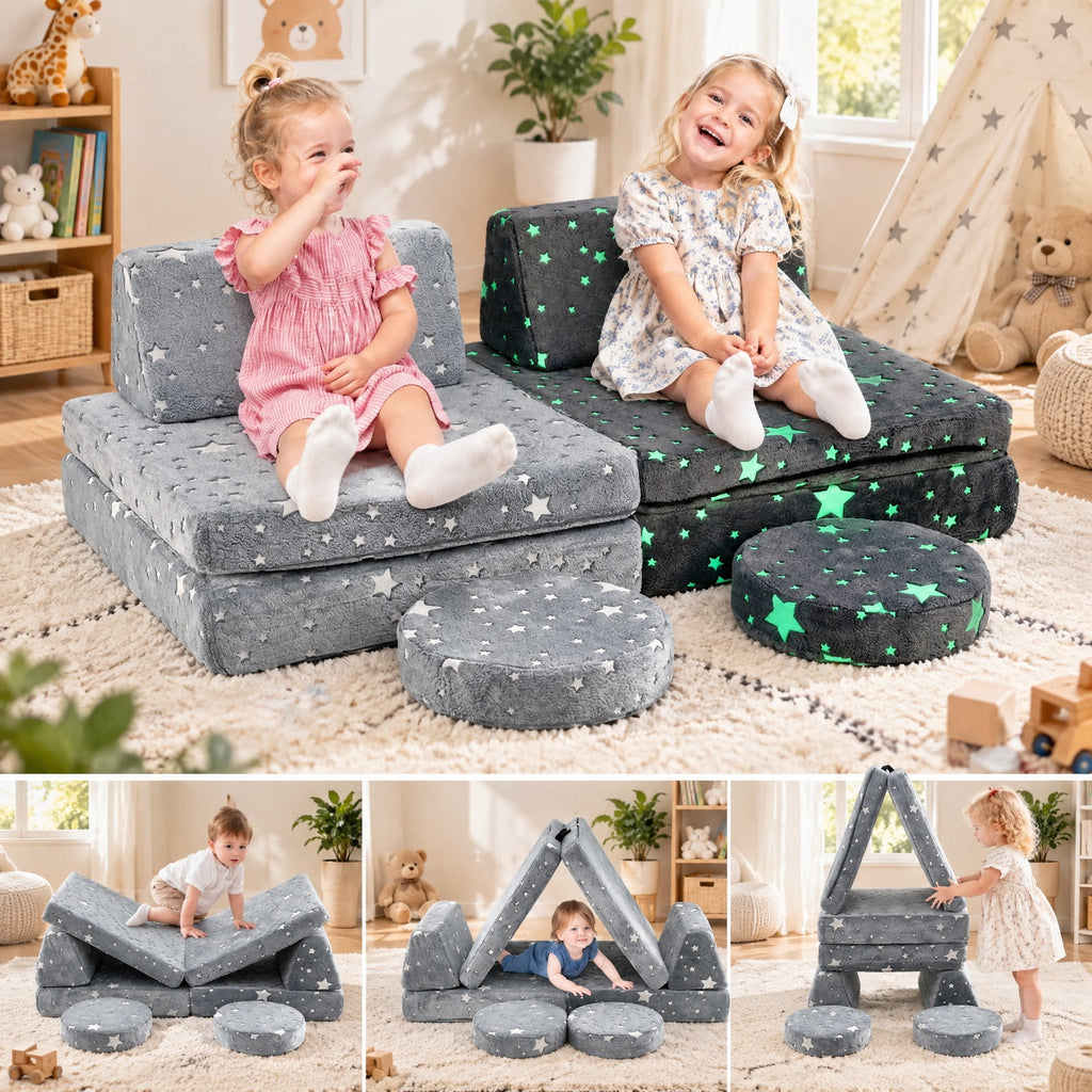 Airfind Modular Youth Play Couch Set Glow in the Dark with Portable Handles, Flannel Fabric Sponge, for 3 and Years Old, Gray
