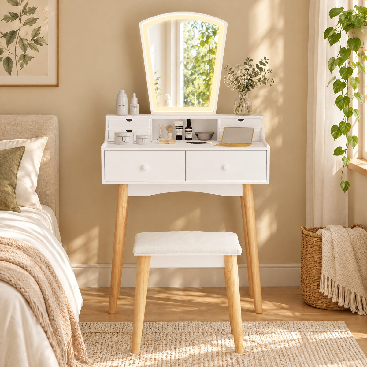 Airfind Vanity Desk Set with 3-Color Adjustable LED Lighted Mirror and Drawers, 110 lbs Capacity, P2 MDF Frame, 27in x 15.5in x 52in Footprint, White