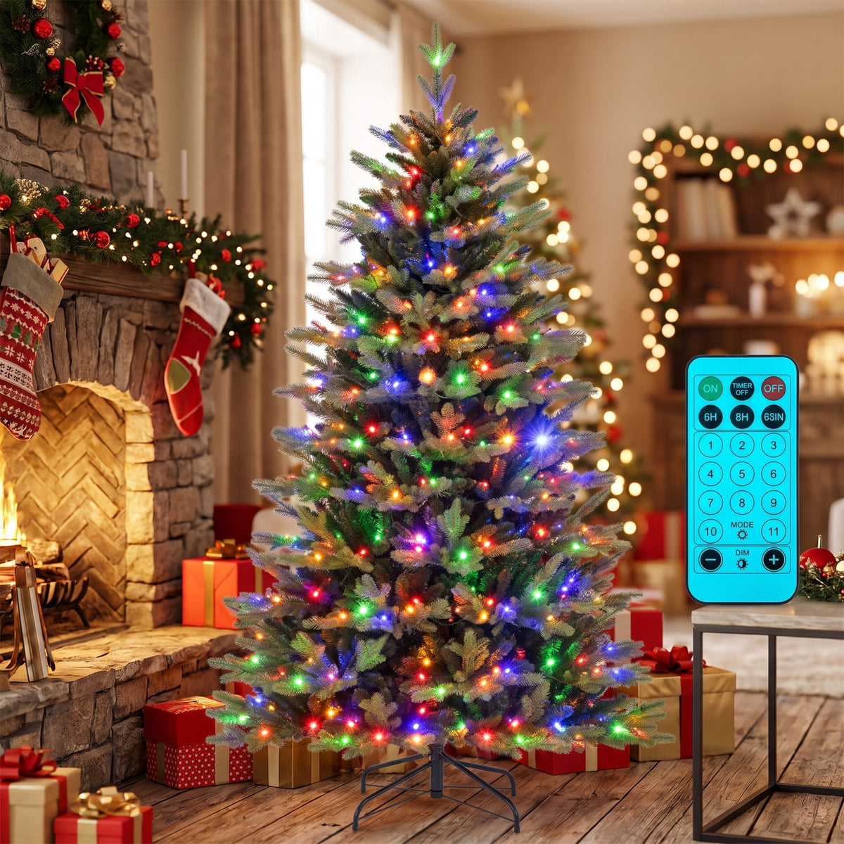 Airfind 6 Feet Artificial Xmas Tree Hinged with 11 Lighting Modes and Remote Control-6 ft, Green, Diameter of Stand 18/20/22