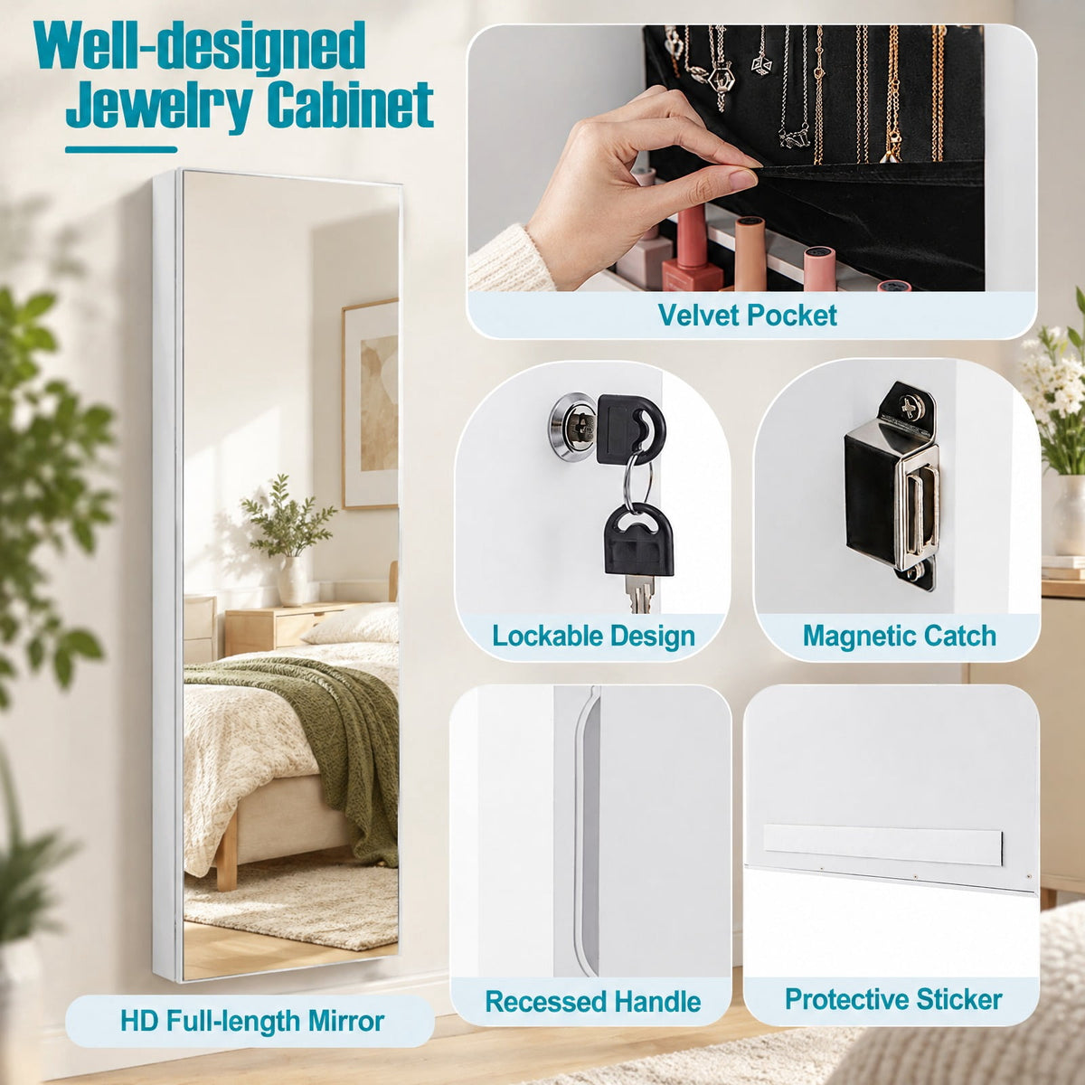 Airfind Lockable Wall Mount Mirrored Jewelry Cabinet with LED Lights, MDF Type: Wall/Door mounted Frame, 14.6 Inch x 3.8 Inch x 43.3 Inch Footprint, White