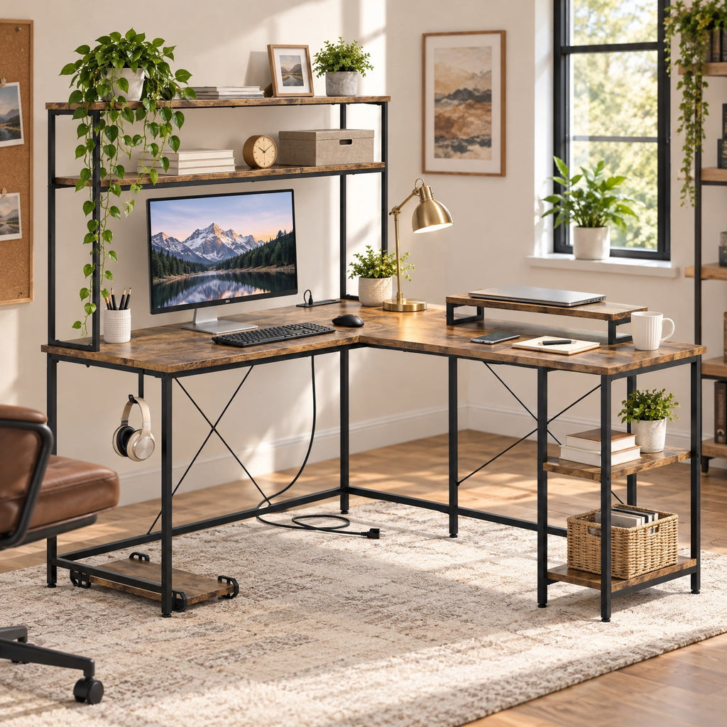 Airfind L-Shaped Reversible Gaming Desk with LED Strip and Power Outlets Hutch Monitor Stand, 310 lbs Capacity, Engineered Wood Metal Frame, Brown