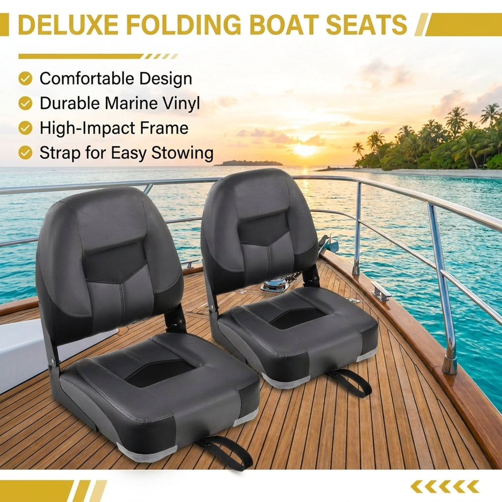 Airfind Set of 2 Folding Low Back Fishing Boat Seats with 4.3 Inch Padding and Stainless Steel Screws, Weatherproof Marine Seats, Black