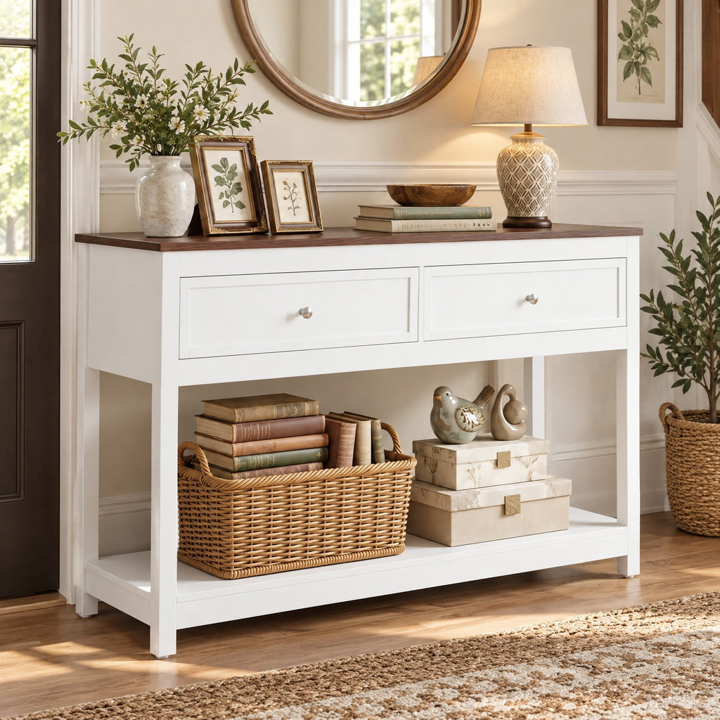 Airfind Farmhouse Console Table Entryway Sofa Table Featuring 2 Drawers and Open Storage Shelf for Living Room, 165 Lb Capacity, White