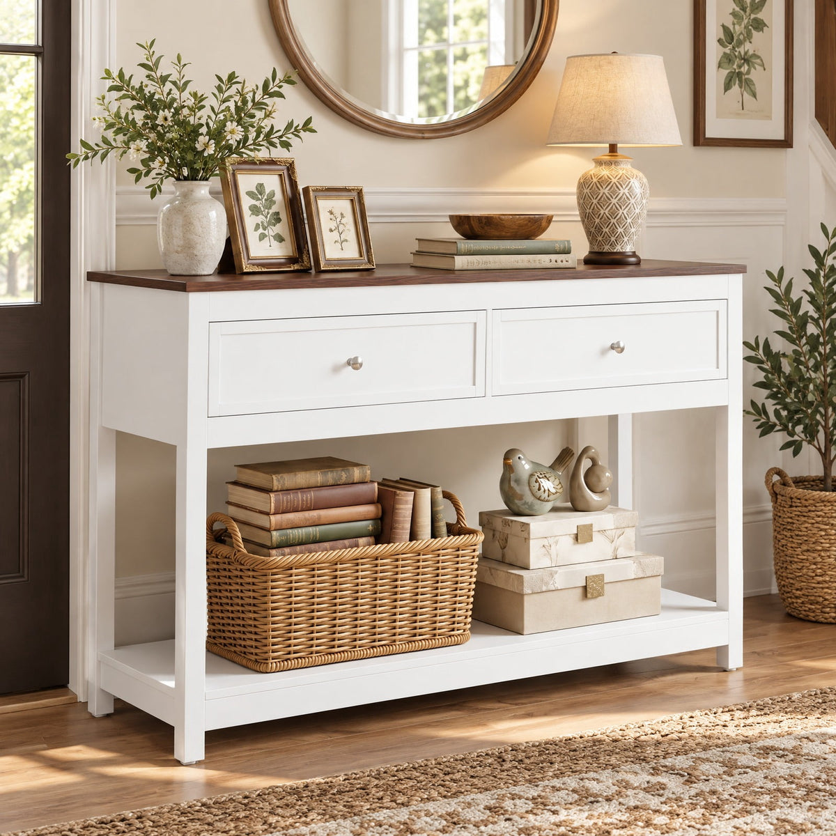 Airfind Farmhouse Console Table Entryway Sofa Table Featuring 2 Drawers and Open Storage Shelf for Living Room, 165 Lb Capacity, White