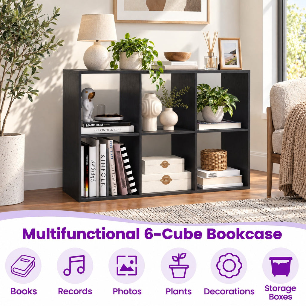 Airfind 6 Cube Bookshelf with Back Guardrail for Living Room Bedroom, 154 lbs Capacity, Engineered Wood Frame, 41 Inch x 13 Inch x 27.5 Inch Footprint, Black