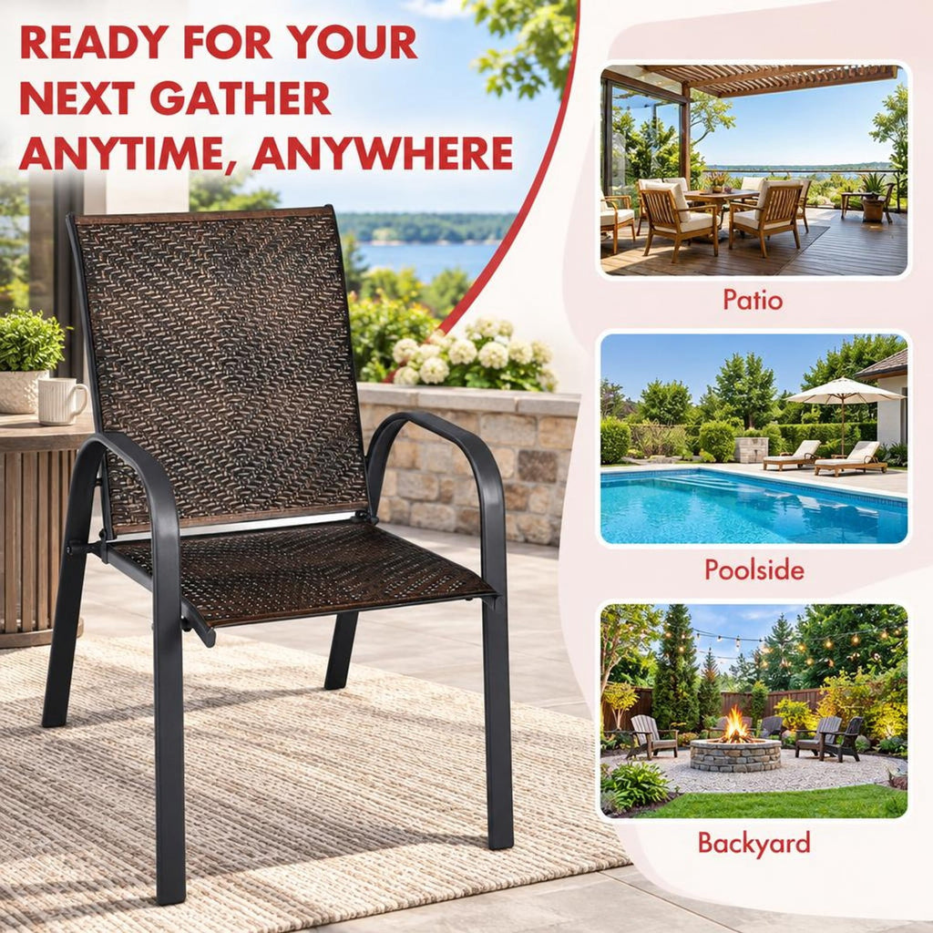 Airfind Set of 6 Outdoor PE Wicker Stackable Chairs with Sturdy Steel Frame, PE rattan steel Frame, Brown