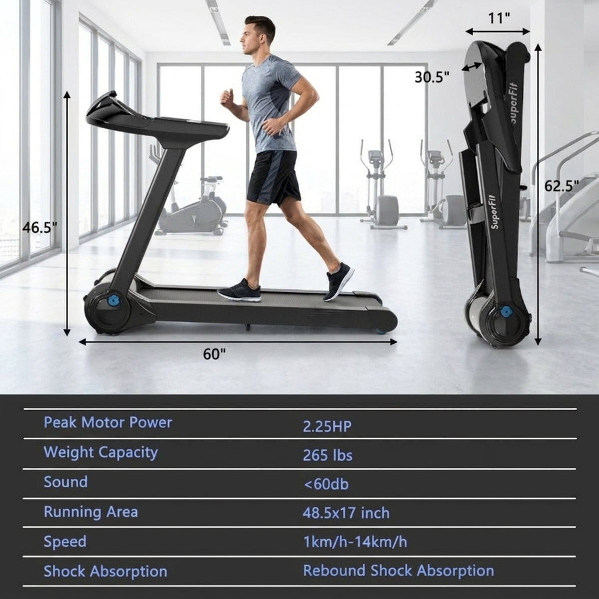 Airfind 2.25 HP Folding Treadmill with Audio Console Walking Treadmill for Home with Cushioned Deck and Transport Wheels Supports 265 lbs, Black