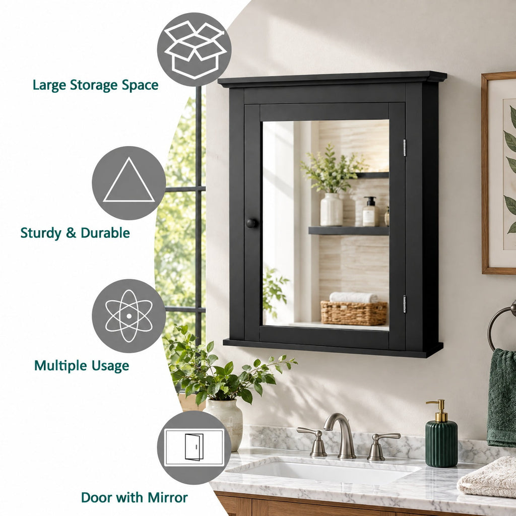 Airfind Wall Mounted Bathroom Mirror Cabinet with 5-level Height-adjustable Shelf, 11 lbs Capacity, MDF and glass Frame, 22 x 6 x 27.5 Footprint