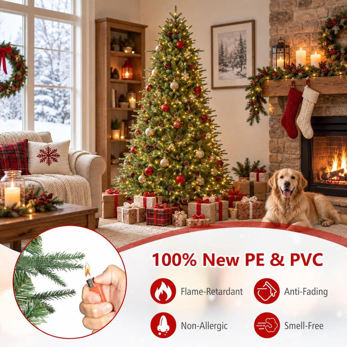 Airfind 7.5 ft Pre-Lit Artificial Christmas Tree with 540 Warm White LED Lights, 71 Pine Cones, 1125 Branch Tips and Folding Metal Stand, Green
