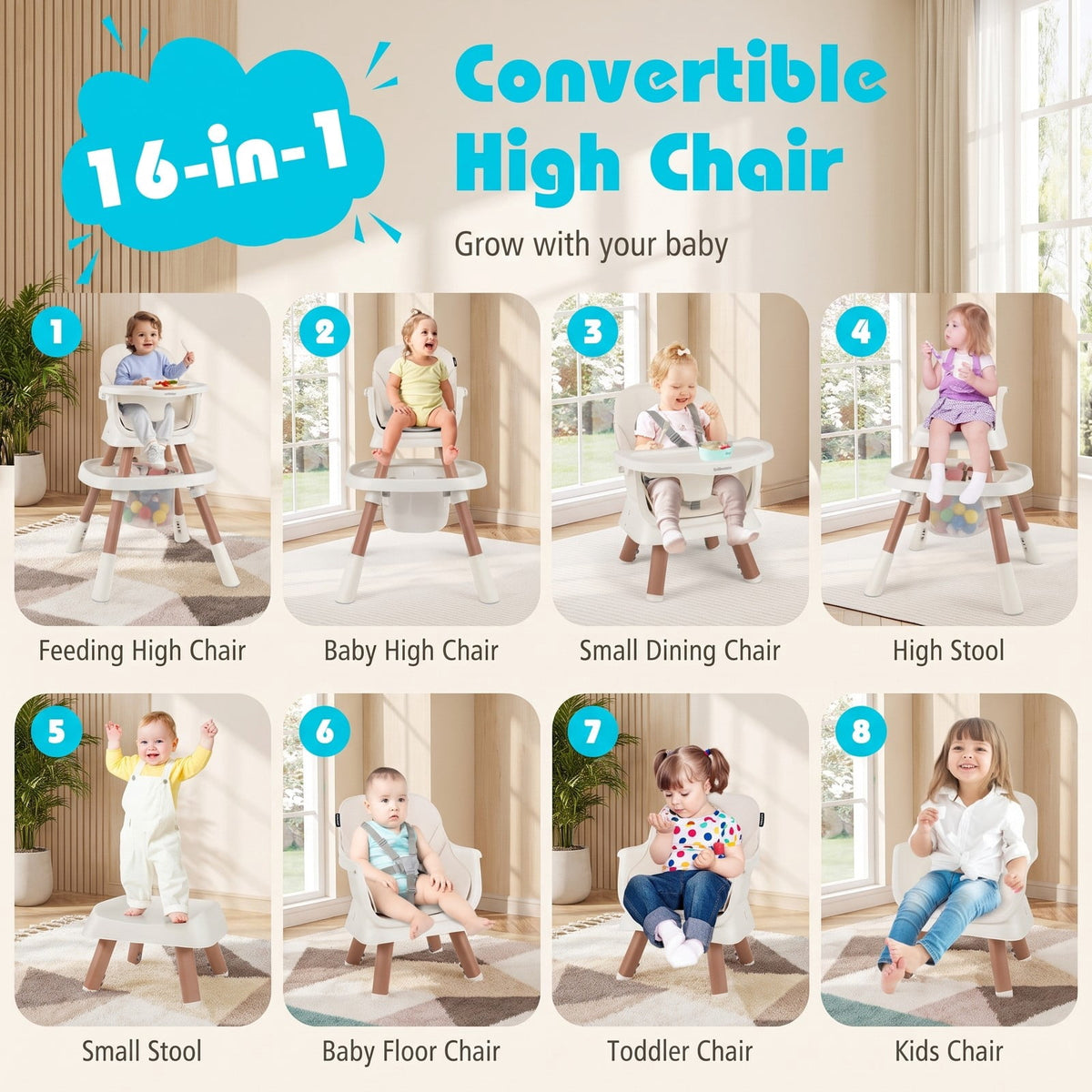 Airfind 16-in-1 Baby High Chair with Activity Center and Booster Seat for Babies and Toddlers, 44 lbs Capacity, Metal Frame, White