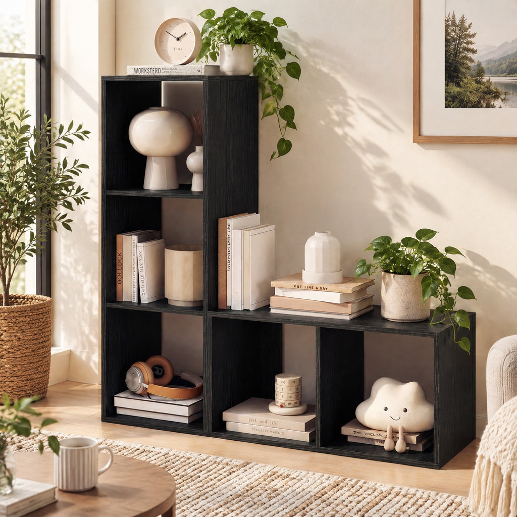 Airfind 3 Cube Bookshelf with Back Guardrail for Living Room Bedroom, Engineered Wood Frame, 14 Inch x 13 Inch x 41 Inch Depth of Bottom Shelf 12 Inch Footprint