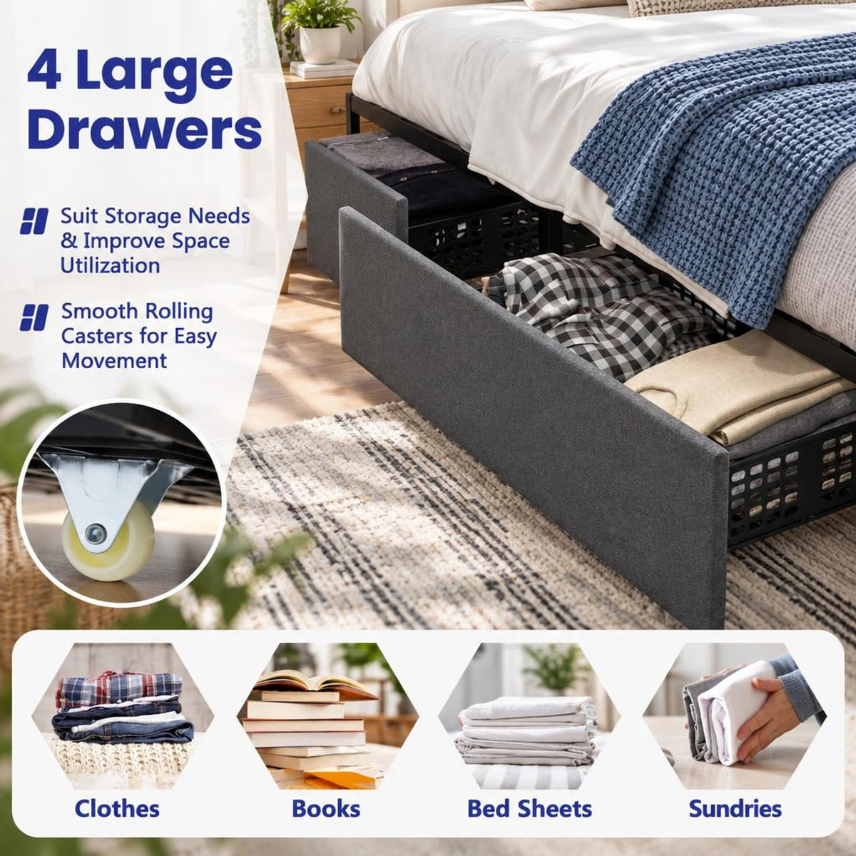 Airfind Upholstered Queen LED Bed Frame with Headboard and 4 Drawers, 880 lbs Capacity, 83 x 64 x 40.5-42.5(L x W x H) Drawer Footprint, Gray