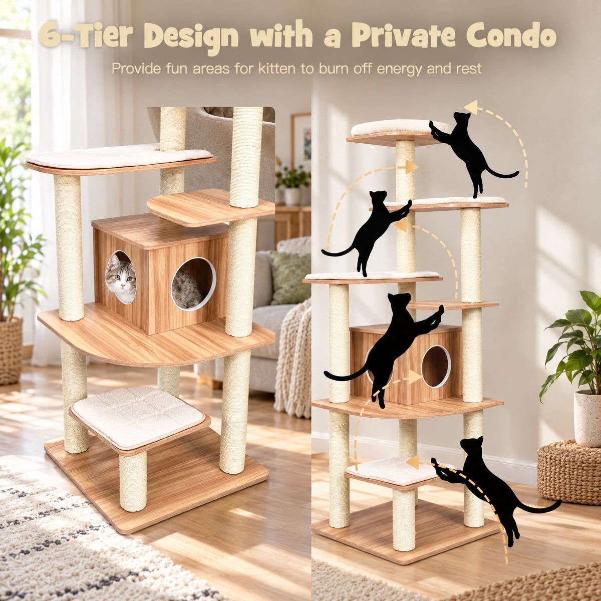 Airfind 7-Layer Wooden Cat Tree Tall Cat Tower with Sisal Posts and Condo, 33 lbs Capacity, Engineering Board Sisal Rope Plush Frame, Natural