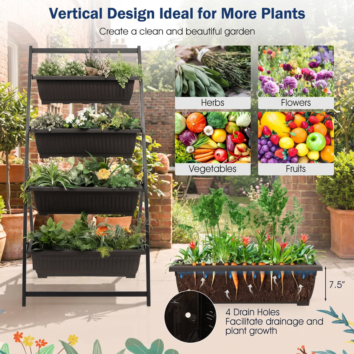 Airfind 4-Tier Vertical Raised Garden Bed with 4 Containers and Drainage Holes, Metal PE S Frame, 26 x 20.5 x 49 Single Footprint, Black+ Brown