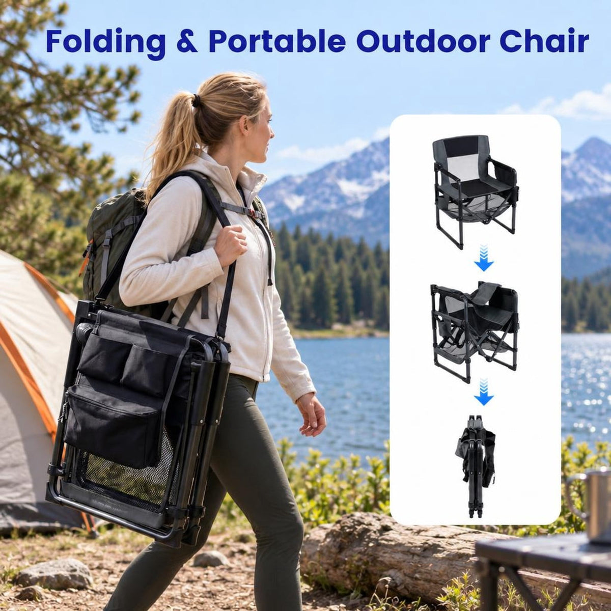 Airfind Heavy Duty Outdoor Camping Chair with Cup Holder and Side Pocket, 330 lbs Capacity, Metal Nylon Mesh PVC Fabric PP Frame, Black