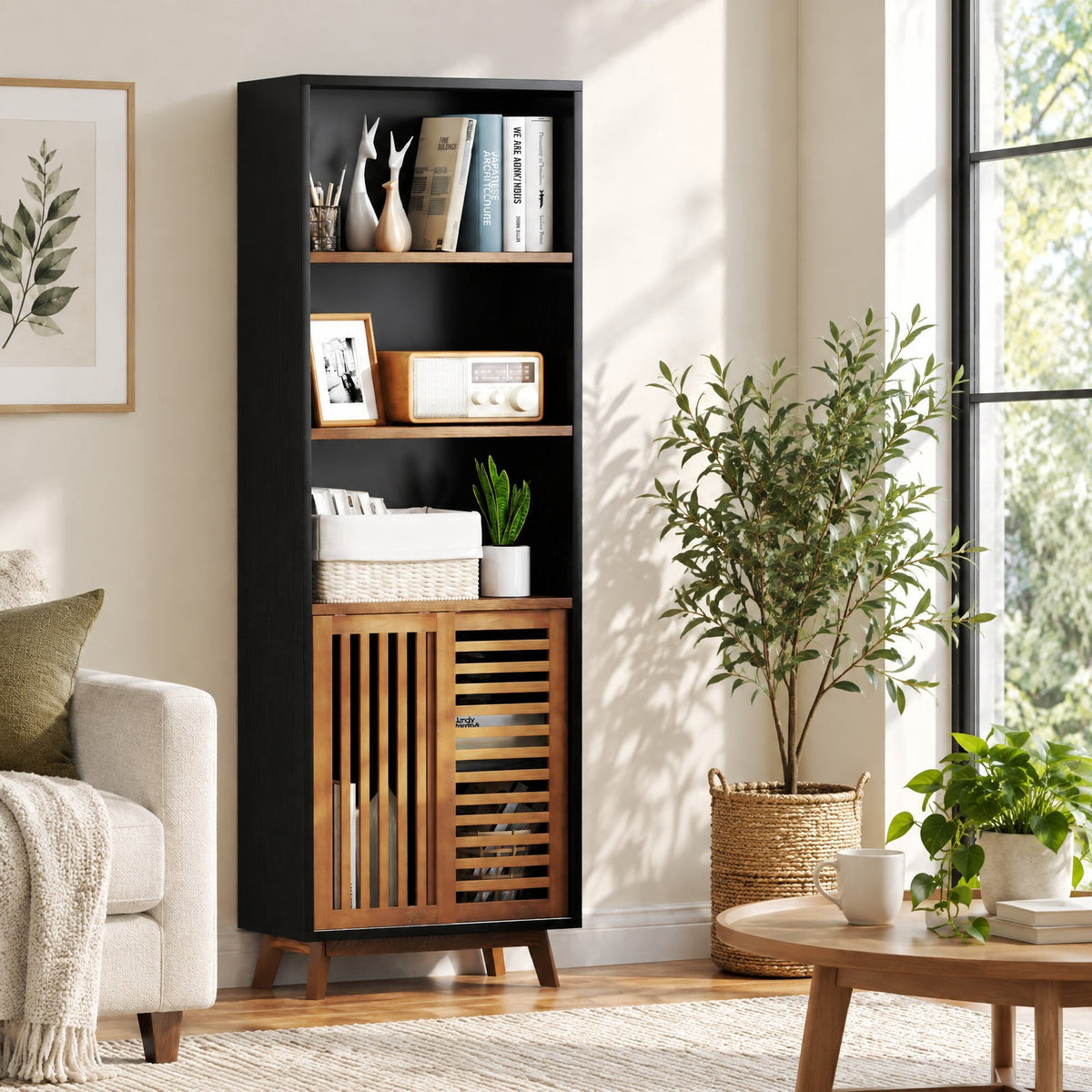 Airfind 70 Inch 5-Tier Bookshelf with Reversible Adjustable Shelf, 44 lbs Capacity, Solid Wood MDF Engineered Wood Aluminum Alloy Frame, Black