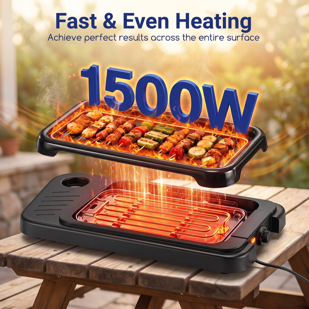 Airfind 1500W 2-in-1 Electric Grill featuring Detachable Stand and Dual Plates for Balcony, Metal PP Electroplated Chrome Enamel Zinc Sheet Frame, Red