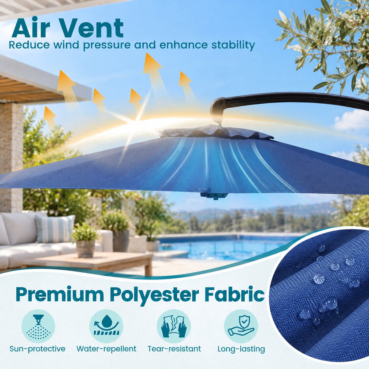 Airfind 11 FT Cantilever Patio Umbrella with Base with 360° Rotation and Tilt Adjustment, Polyester Fabric Aluminum Metal Frame, Navy