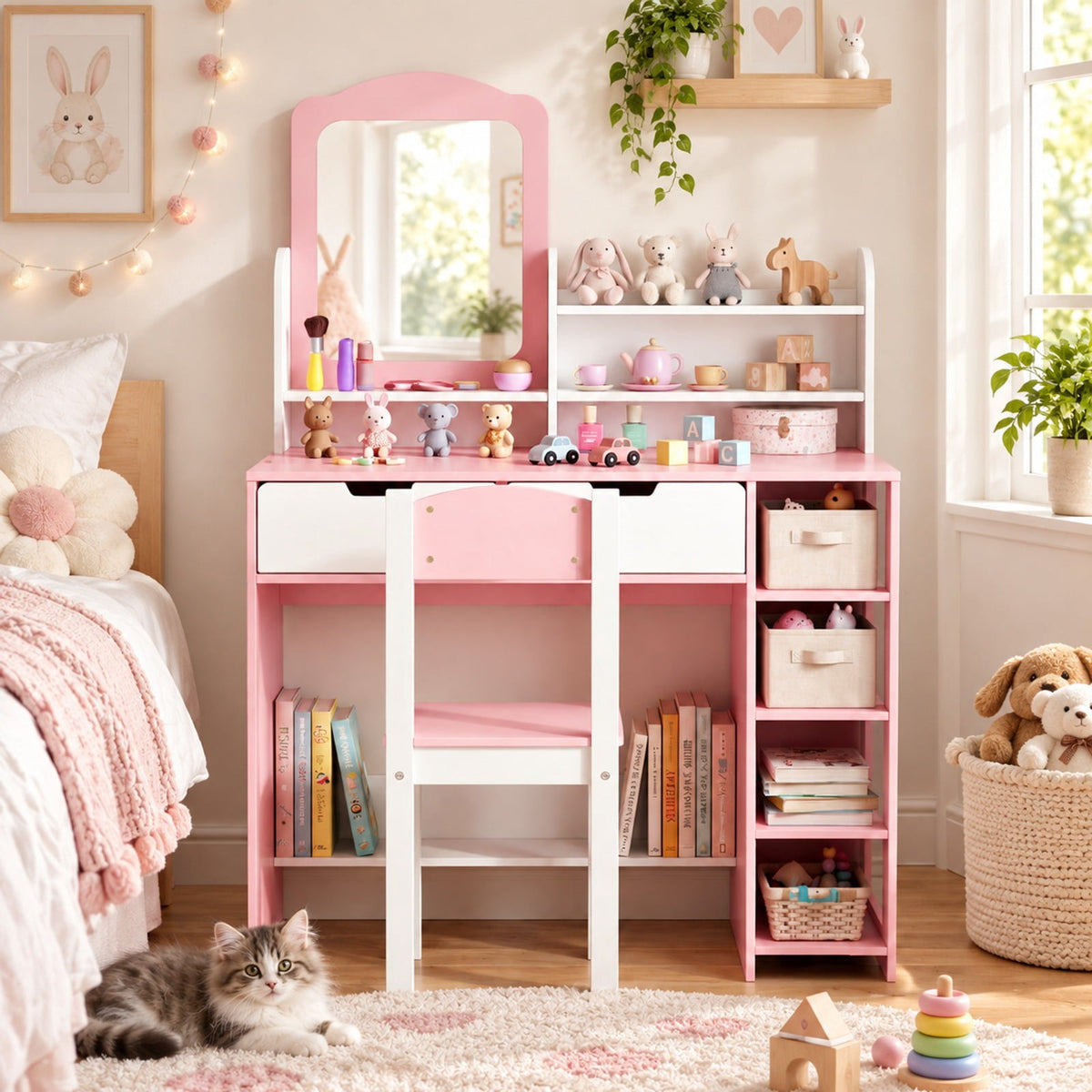 Airfind Kids Vanity Set with Chair and Mirror Makeup Dressing Desk with Storage Shelves and Drawers-White and Pink, 200 lbs Capacity, MDF Glass Frame