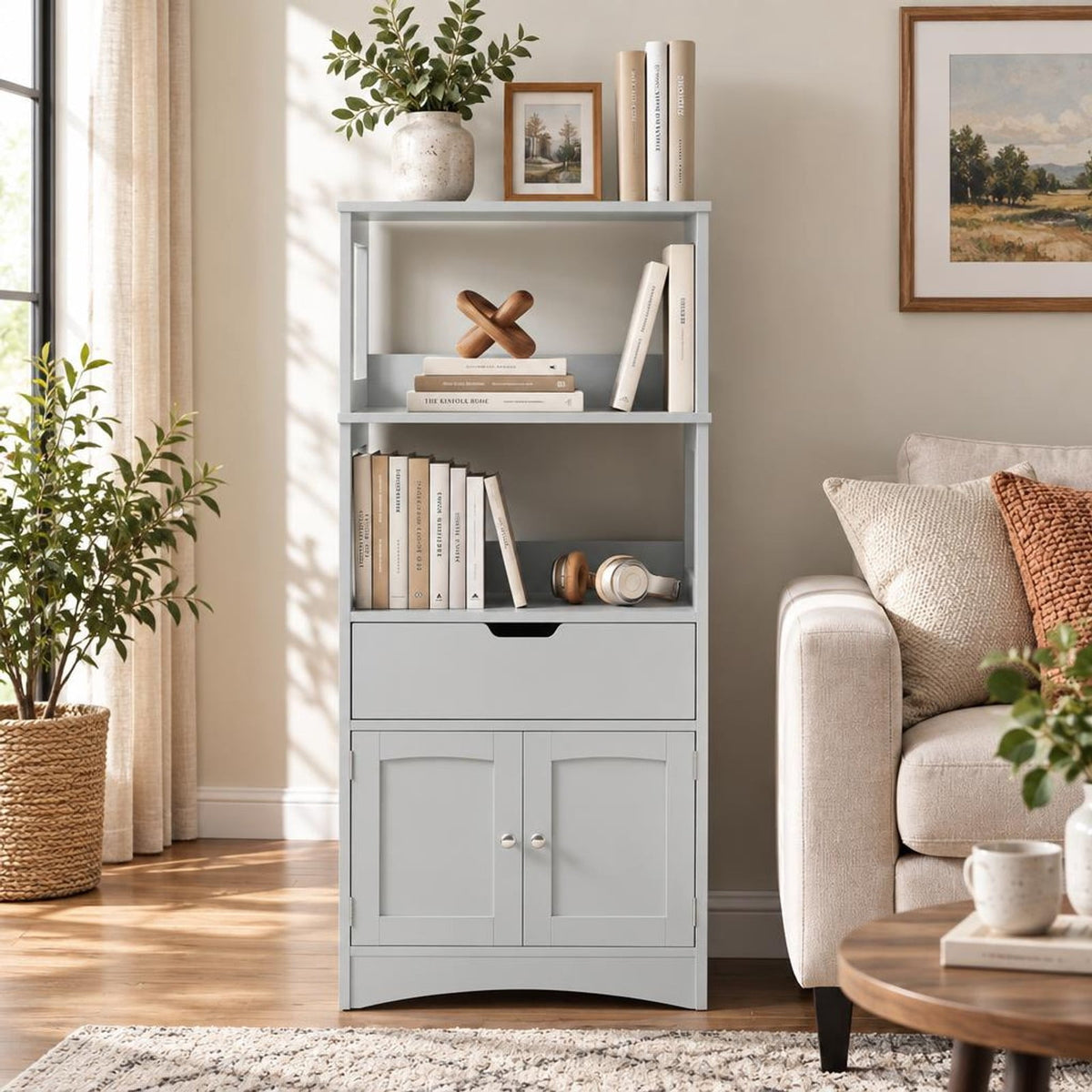 Airfind Bathroom Storage Cabinet with Open Shelves and Drawer, 110 lbs Capacity, Engineered Wood Frame, 24in x 13in x 48in Footprint, Grey