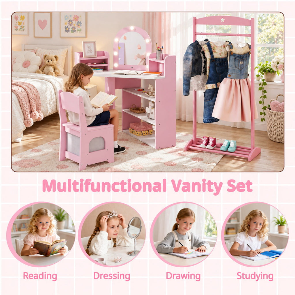 Airfind 2-In-1 Kids Vanity Set with Lights for Toddlers 3+ Years Old, 45 lbs Capacity, MDF Non-woven Fabric Frame, 37 x 24 x 39.5 Footprint, Pink