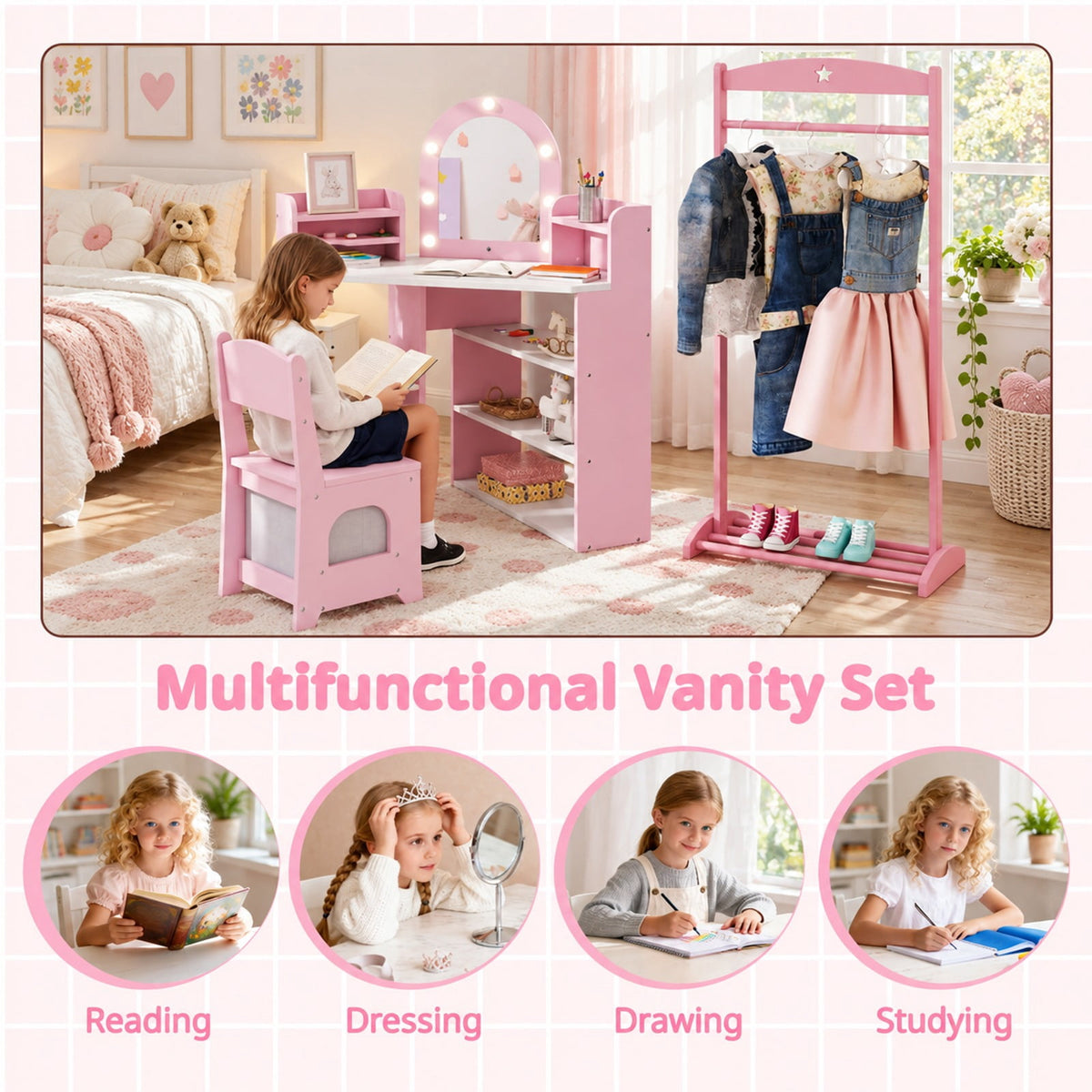 Airfind 2-In-1 Kids Vanity Set with Lights for Toddlers 3+ Years Old, 45 lbs Capacity, MDF Non-woven Fabric Frame, 37 x 24 x 39.5 Footprint, Pink