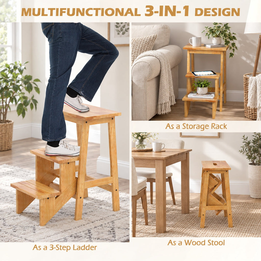 Airfind 3-in-1 Rubber Wood Step Stool with Convenient Handle, Rubber wood Frame, 22 x 16 x 24 Footprint, Natural