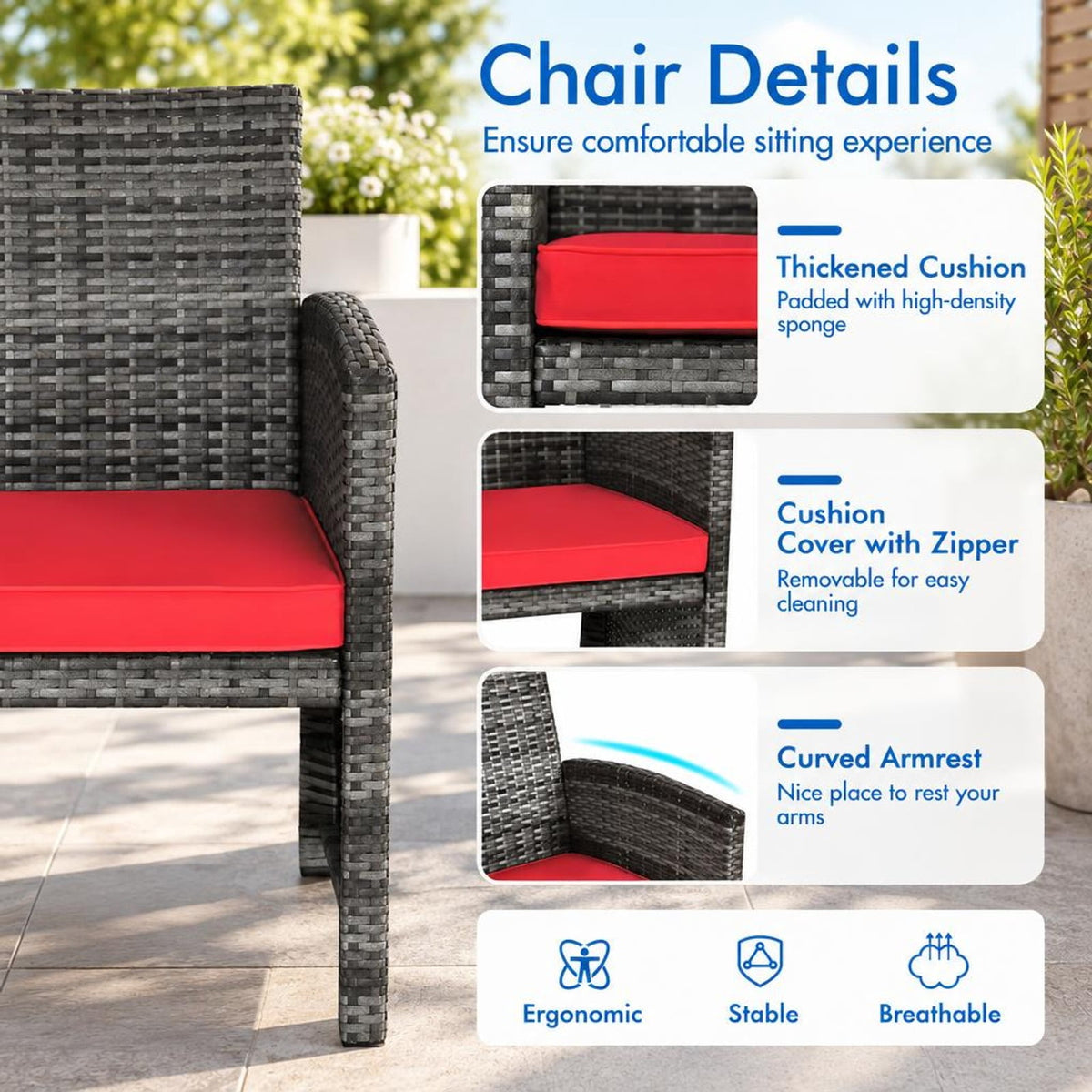 Airfind 4 Pieces Patio Rattan Furniture Set with Cushions, PE Rattan Polyester Fiber Steel Sponge Single Sofa Frame, Red