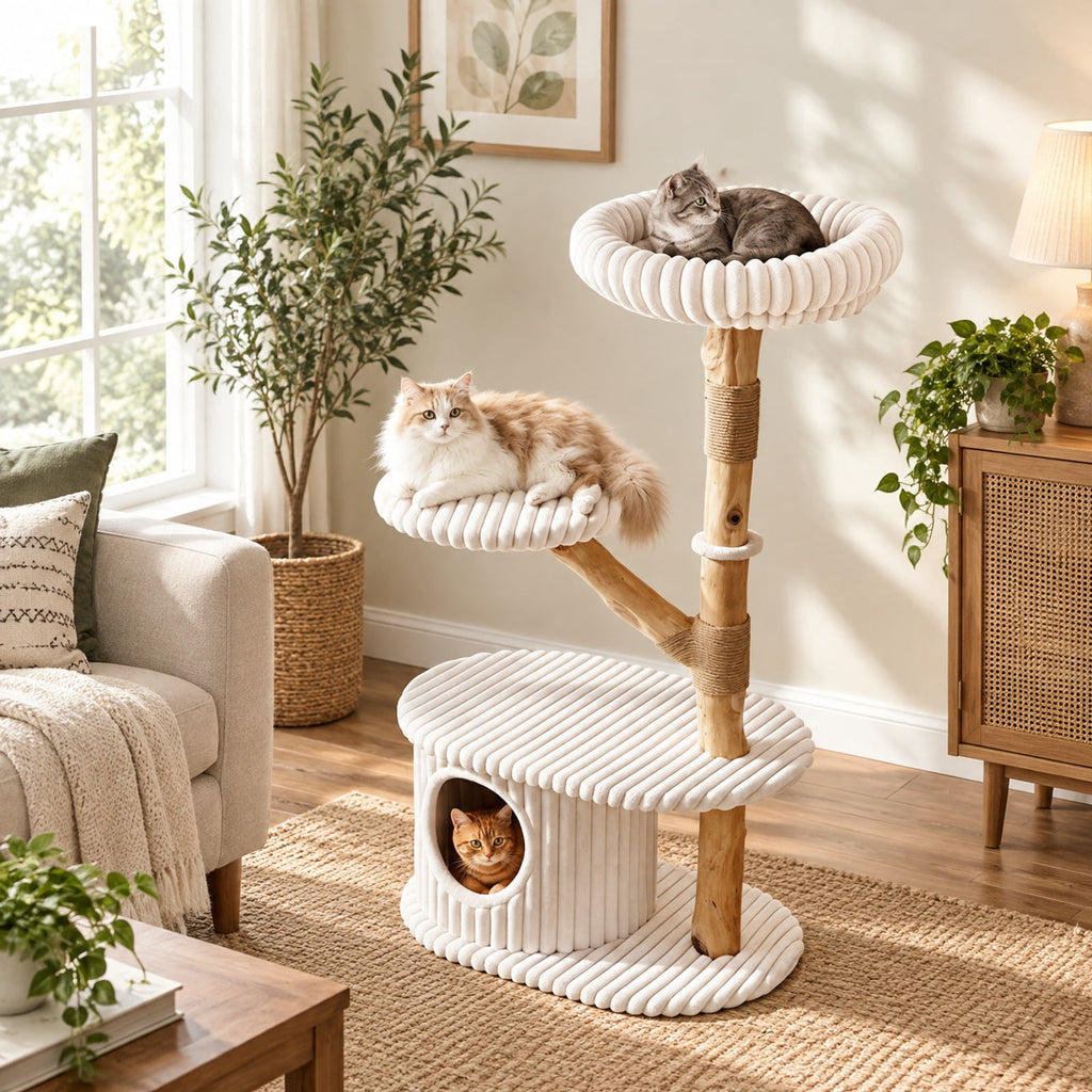 Airfind 41 Inch Tall Modern Cat Tower with Real Wood Branches Scratching Posts for Indoor, Beige, a distinctive shape and rich wood grain