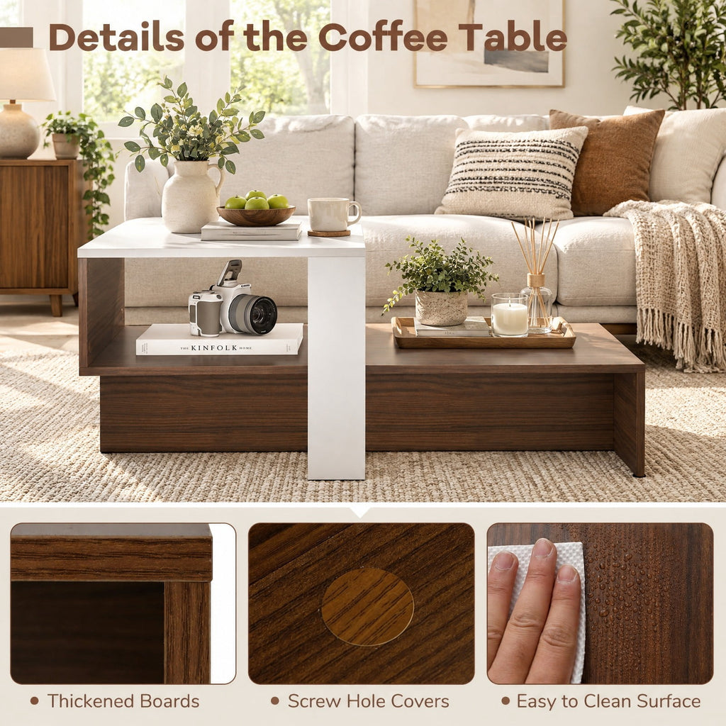 Airfind 2-Tier Geometric Coffee Table with Storage Shelves for Living Room and Reception Room, 110 lbs Capacity, Engineered Wood Frame, White