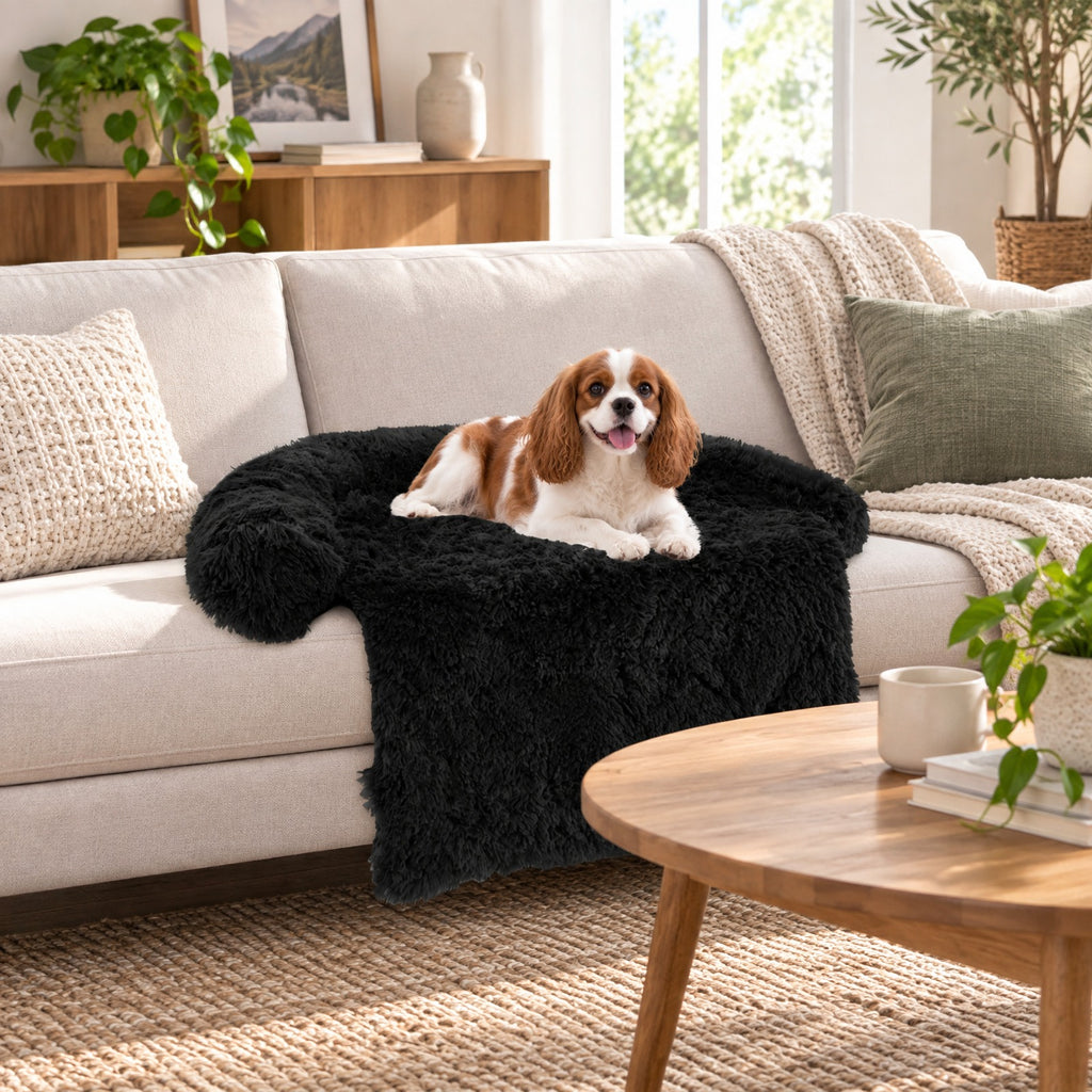 Airfind Plush Calming Dog Couch Bed with Anti-Slip Bottom, S-Size Dog Bed 40 x 35 x 6.5 Footprint, Black