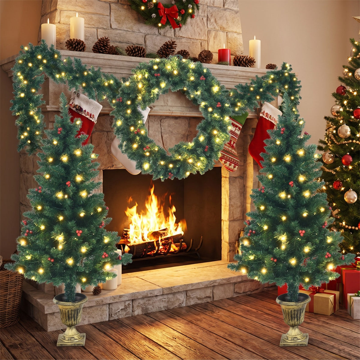 Airfind 4 Pieces Christmas Decoration Set with Garland Wreath and Entrance Trees, Green, diameter 24in, Number of LED lights 200 Battery