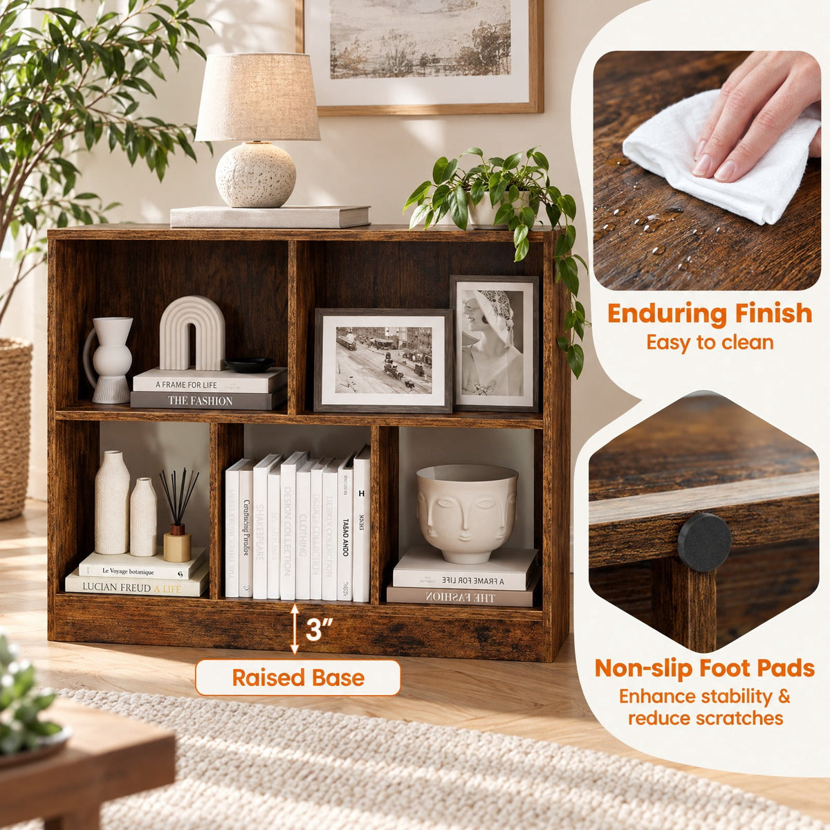 Airfind 8-Cube Bookcase 3-Tier with 2-Sized Compartments and Anti-Tip Kits for Living Room, 88 lbs Capacity, 35.5 x 11 x 39.5 Footprint, Brown