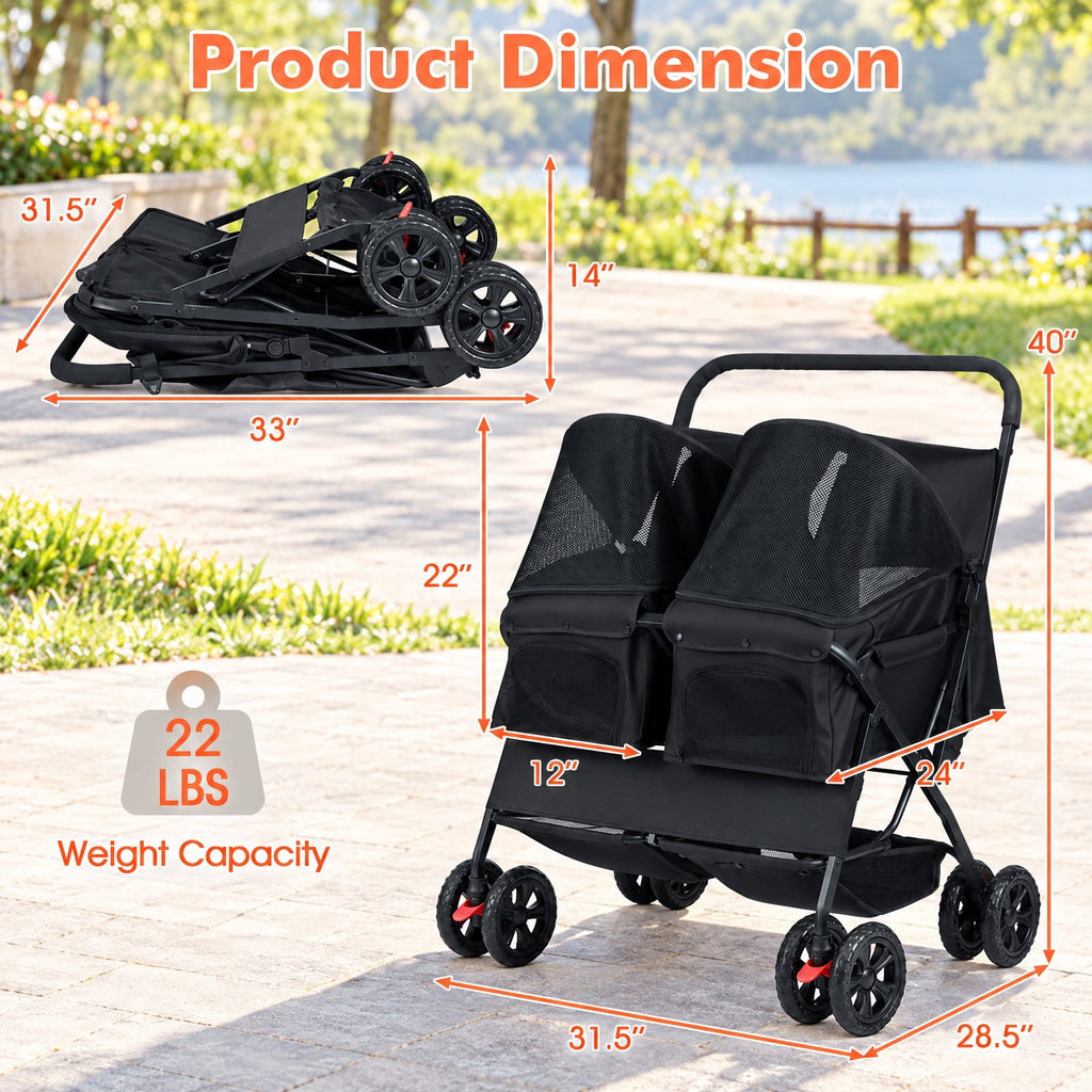 Airfind Foldable Double Pet Stroller with Adjustable Sunshade and Storage Basket, Aluminium Alloy Oxford Fabric PP EVA Frame, Black