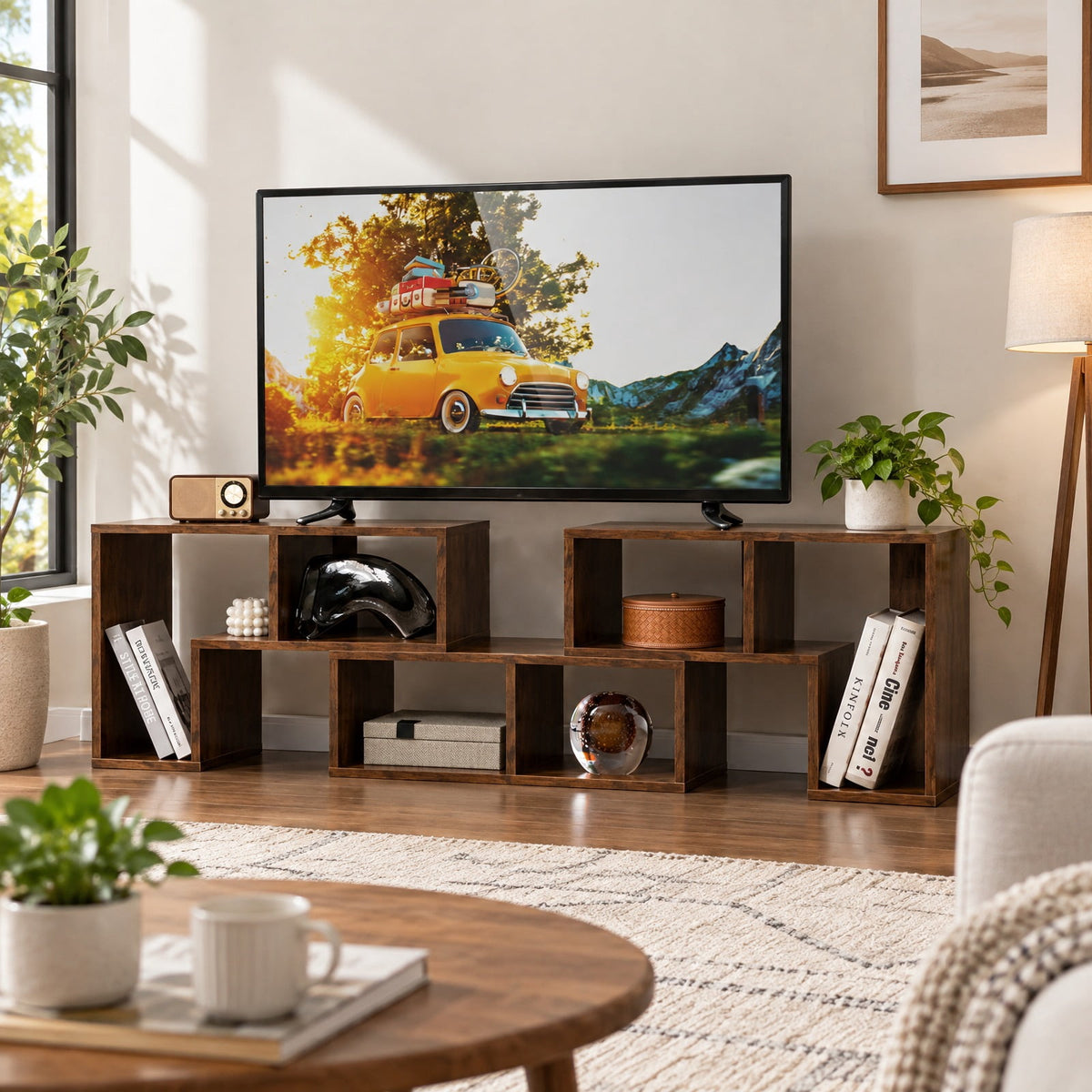 Airfind 3 Pieces Console TV Stand for TVs up to 65 Inch with Shelves, 176 lbs Capacity, Brown, Dimensions of Rectangular Shelf 26.5 x