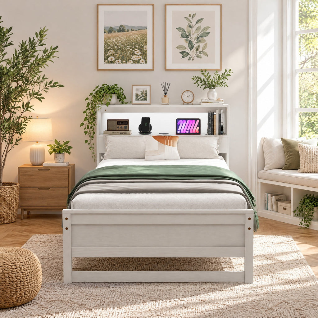 Airfind Twin Size Bed Frame with Storage Headboard and Charging Station, 200 lbs Capacity, Plywood Pine Wood MDF Engineered Wood Frame, White