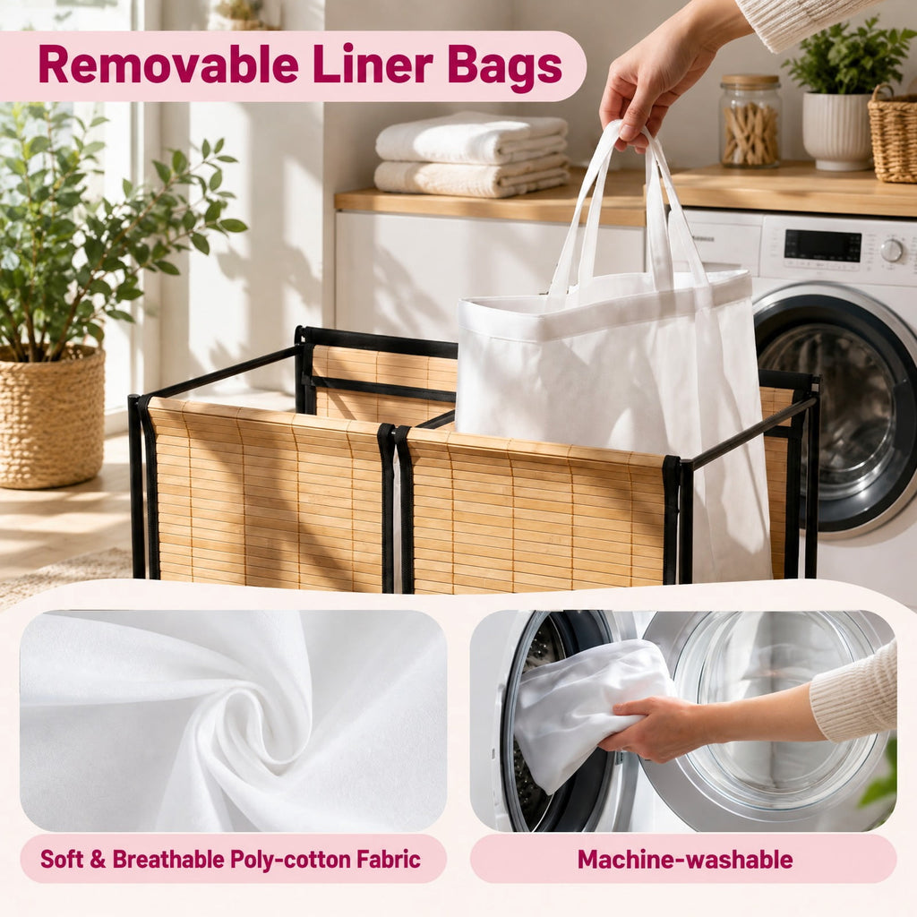 Airfind 18.5 Gal Laundry hamper with Lid 2-Section with 2 Lockable Wheels, 11 lbs Capacity, Bamboo Metal Oxford Cloth Frame, Natural
