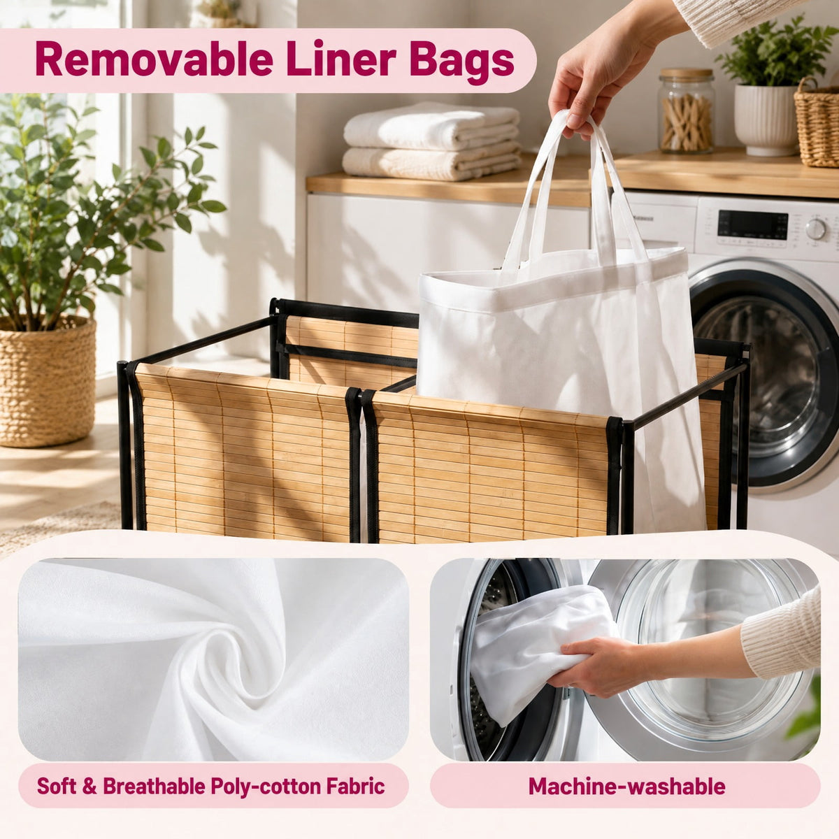 Airfind 18.5 Gal Laundry hamper with Lid 2-Section with 2 Lockable Wheels, 11 lbs Capacity, Bamboo Metal Oxford Cloth Frame, Natural