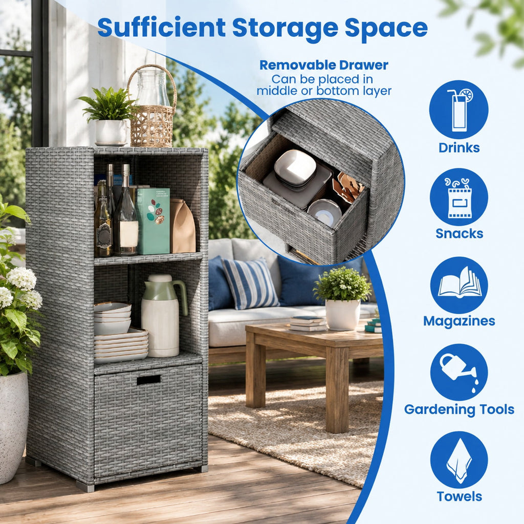 Airfind Outdoor Storage Cabinet Patio Wicker Organizer with Drawer, PE Rattan Metal Frame, 19.5 x 19.8 x 43 Footprint, Gray