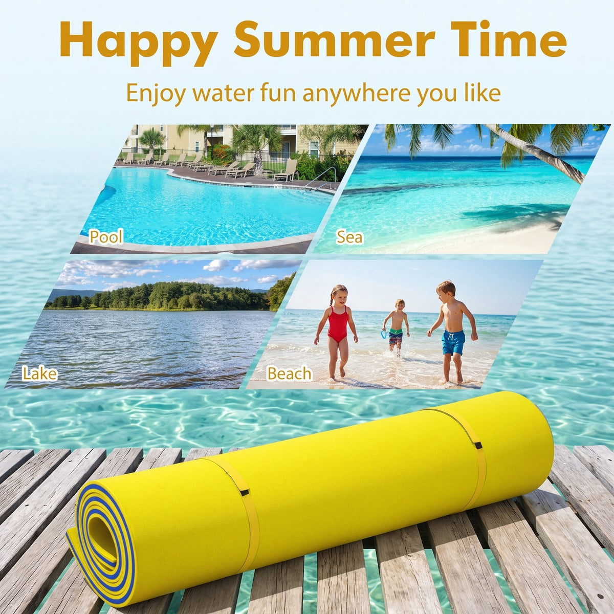 Airfind 9 x 6 3 Layer Floating Water Pad Roll Up Foam Mat with 2 Bungee Tethers and Rolled Pillow Edge for Lake Pool and Beach, Yellow