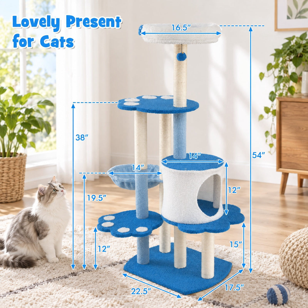 Airfind 54 Inches Tall Modern Cat Tree Tower for Indoor Cats, 22 lbs Capacity, Teddy Plush Fabric Sisal Engineered Board Frame, Blue