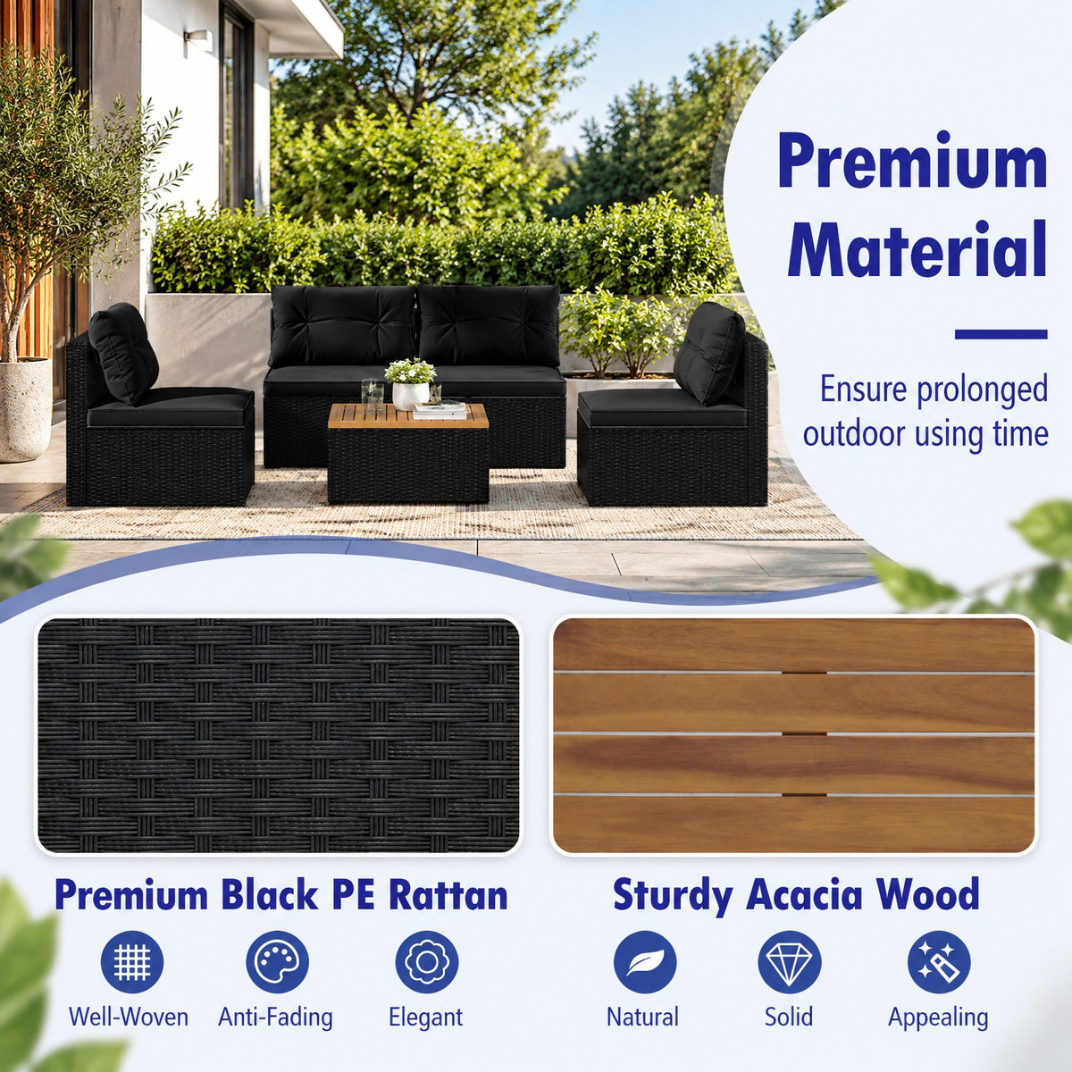 Airfind 5 Piece Outdoor Furniture Set with Solid Tabletop and Soft Cushions, Chair 400 lbs Capacity, 27 x 25 x 25 Footprint, Black