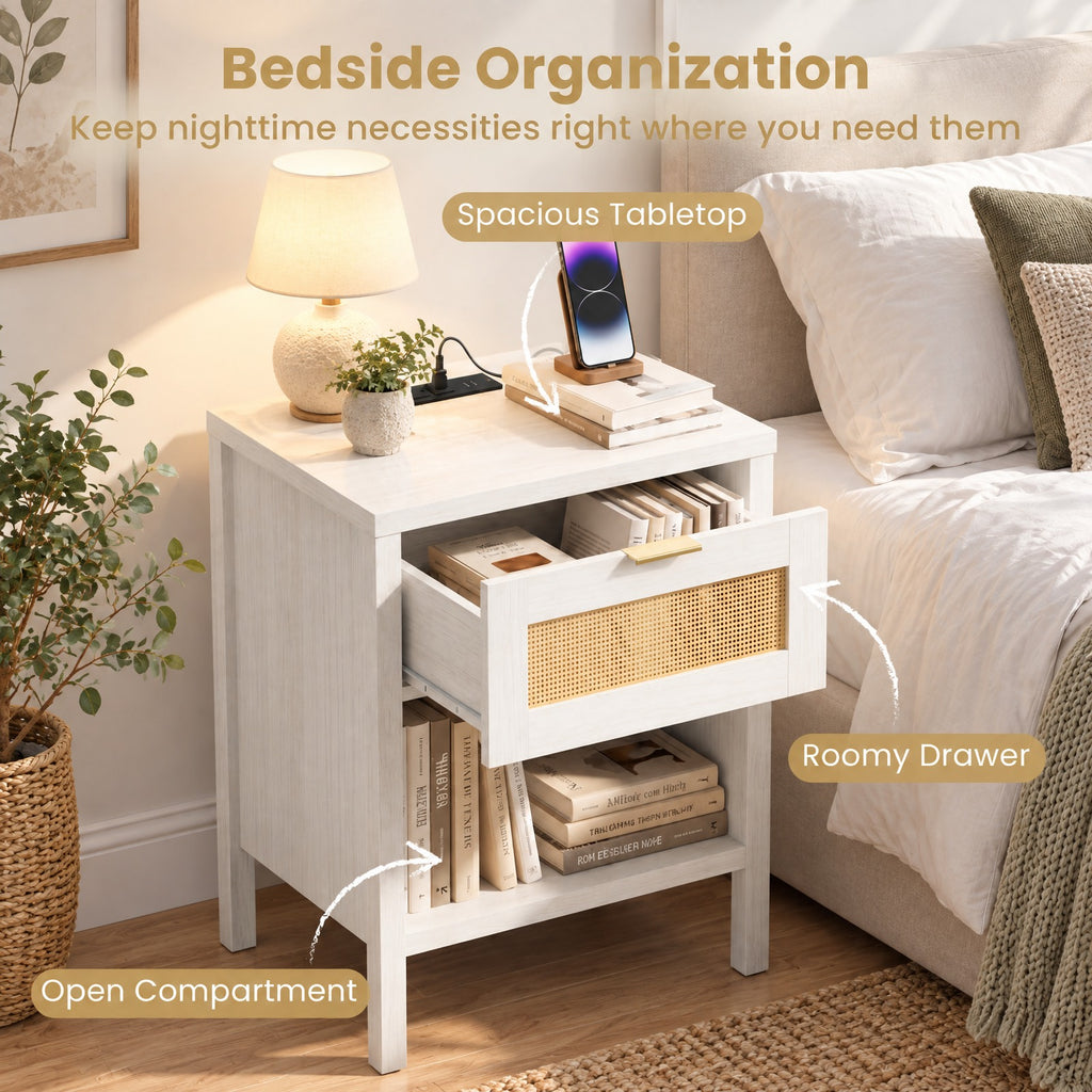 Airfind Rattan Nightstand with Charging Station and Storage Shelf for Bedroom, 88 lbs Capacity, Engineered Wood PVC Rattan Metal Frame, White
