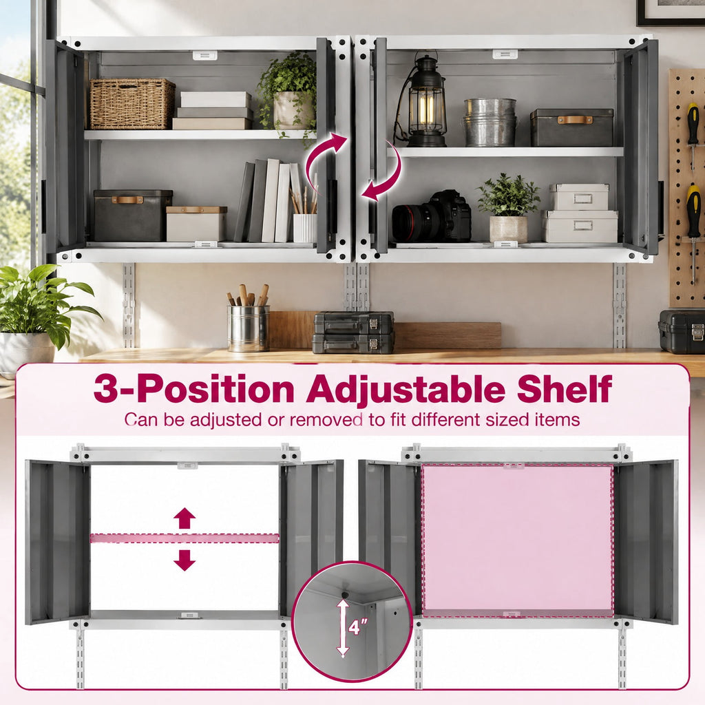 Airfind Metal Wall Cabinet with Lock and 3 Adjustable Shelves, 55 lbs Capacity, Metal Frame, 28.5in x 14in x 47in Footprint, Gray and White